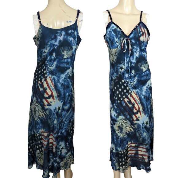 RAG Vintage sleeveless American Flag pathwork blue red maxi dress 11 /‎ 12 - Picture 1 of 12